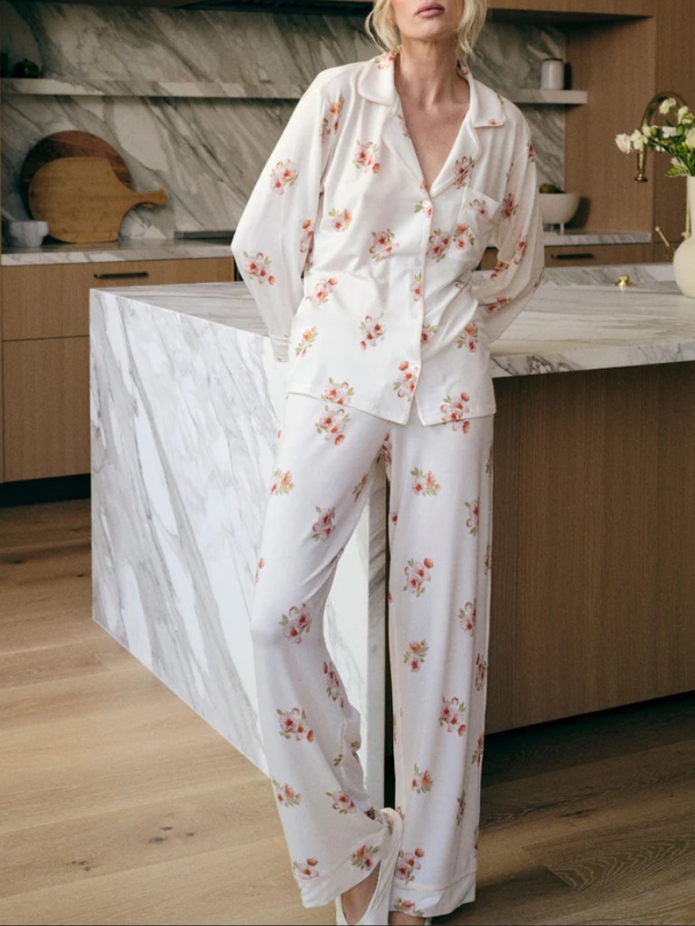 Eberjey Cream Wide-Leg Floral Pajama Set